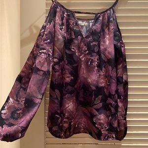 Purple floral long sleeve shirt with open shoulders